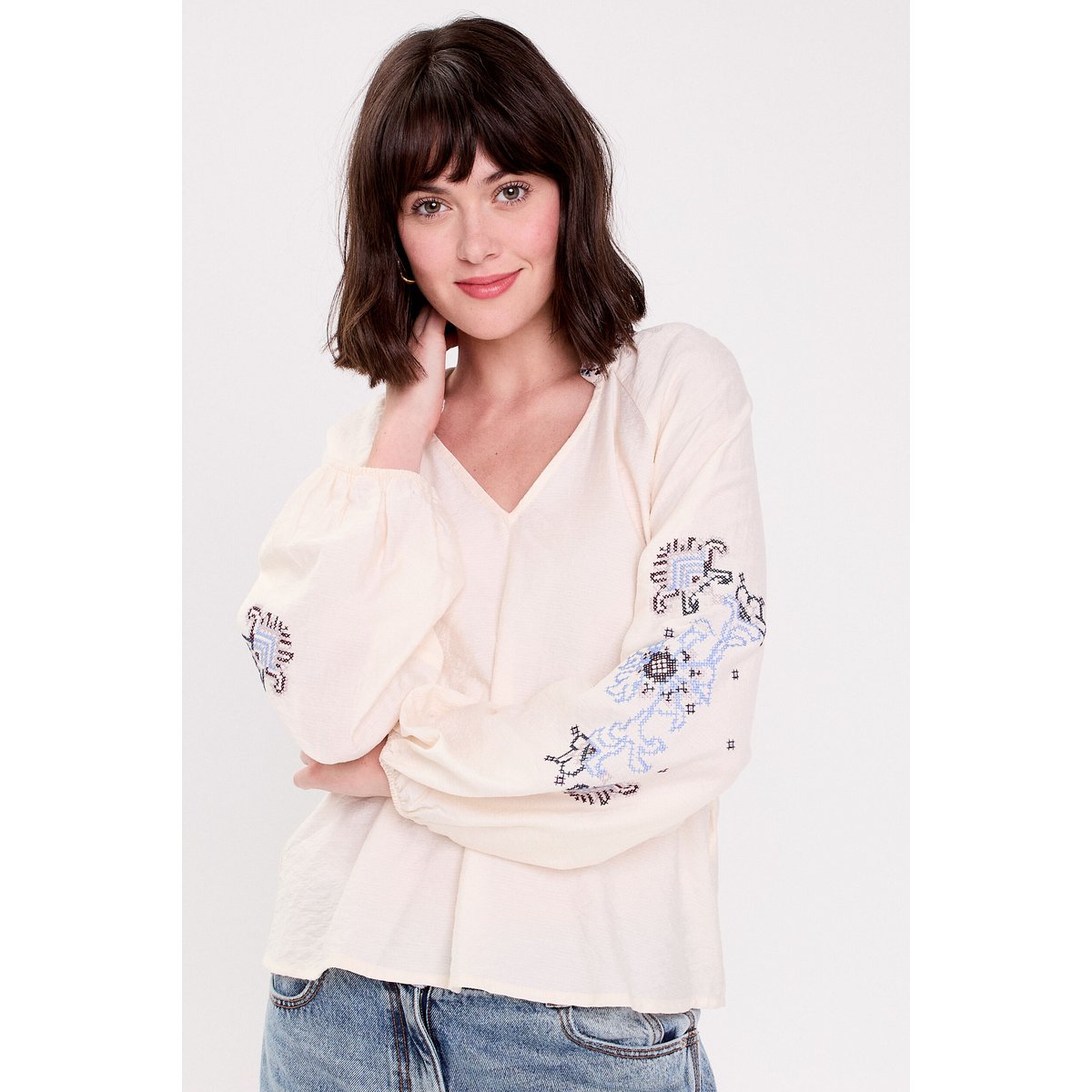 Blouse oversize col v manches longues ecru, CACHE CACHE