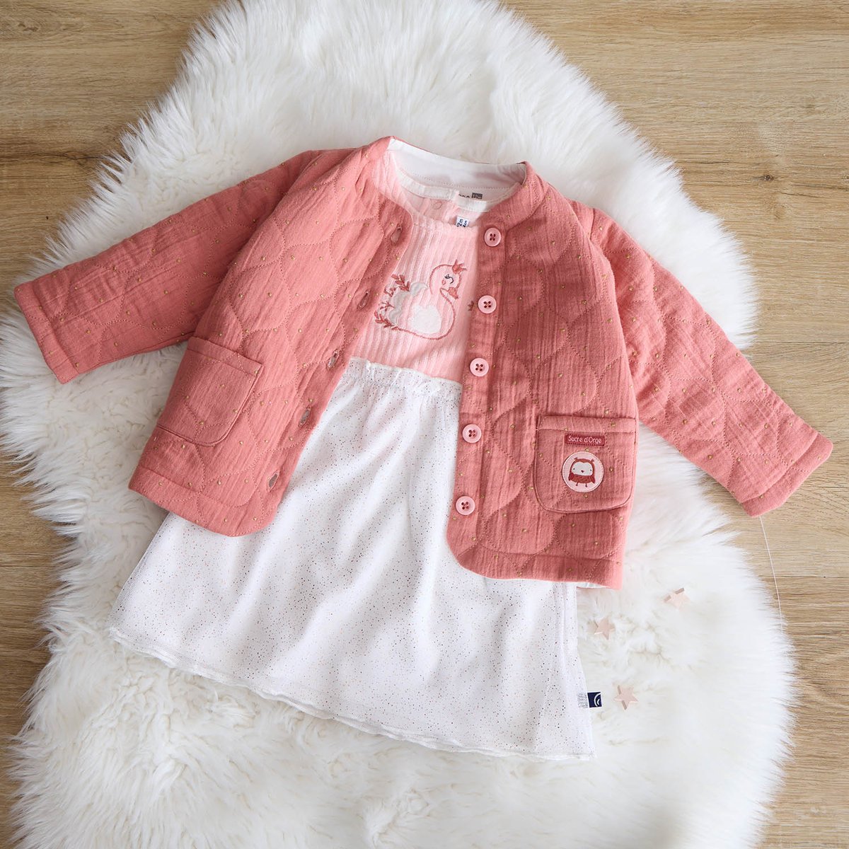 Robe en maille manches longues pensée rose, SUCRE D'ORGE