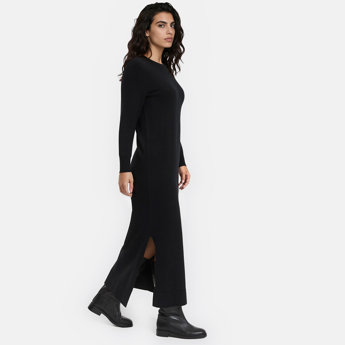 Robe pull, longue, manches longues noir, LA REDOUTE COLLECTIONS