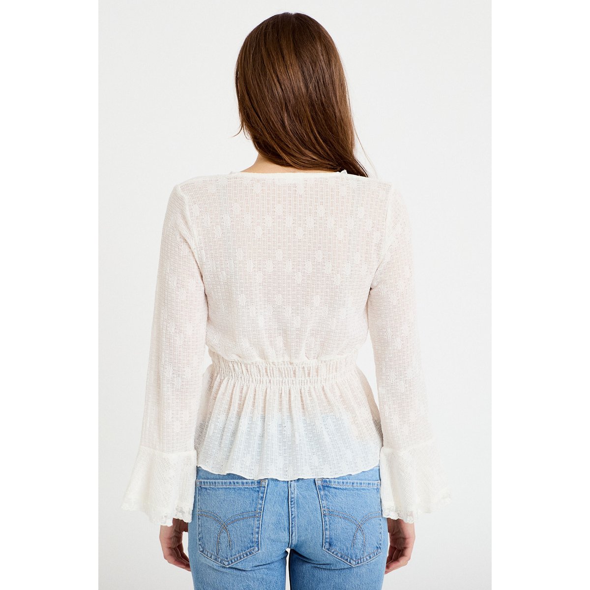 Blouse ajustée col v manches longues ecru, CACHE CACHE