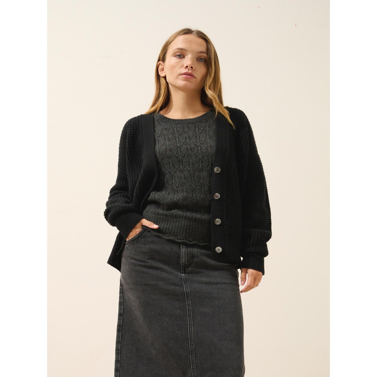 Cardigan Col V 6 Fils Noir Clara noir, JUST CASHMERE