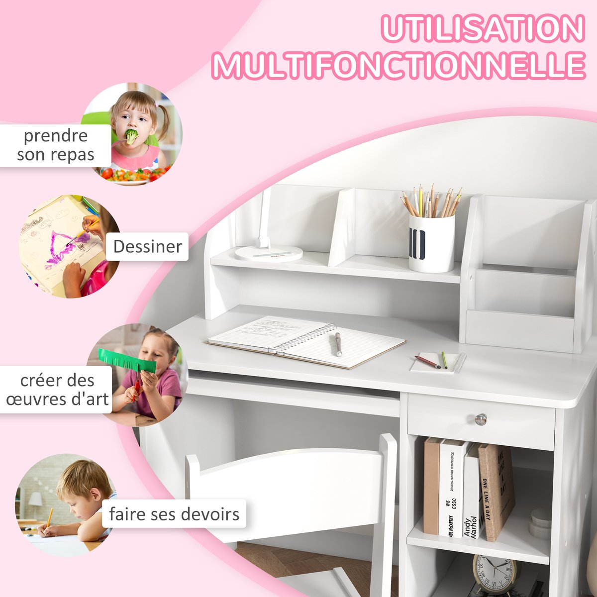 Bureau d'étude pour enfants avec chaise MDF blanc, ZONEKIZ