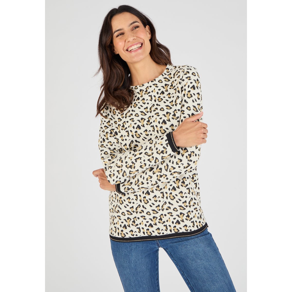 Sweat-shirt maille jacquard imprimé animalier blanc animalier, DAMART