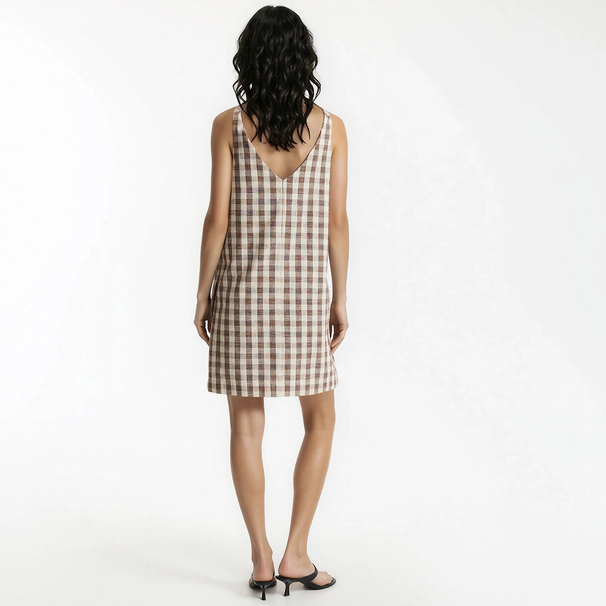 Robe courte vichy sans manches en coton et lin vichy marron, LA REDOUTE COLLECTIONS