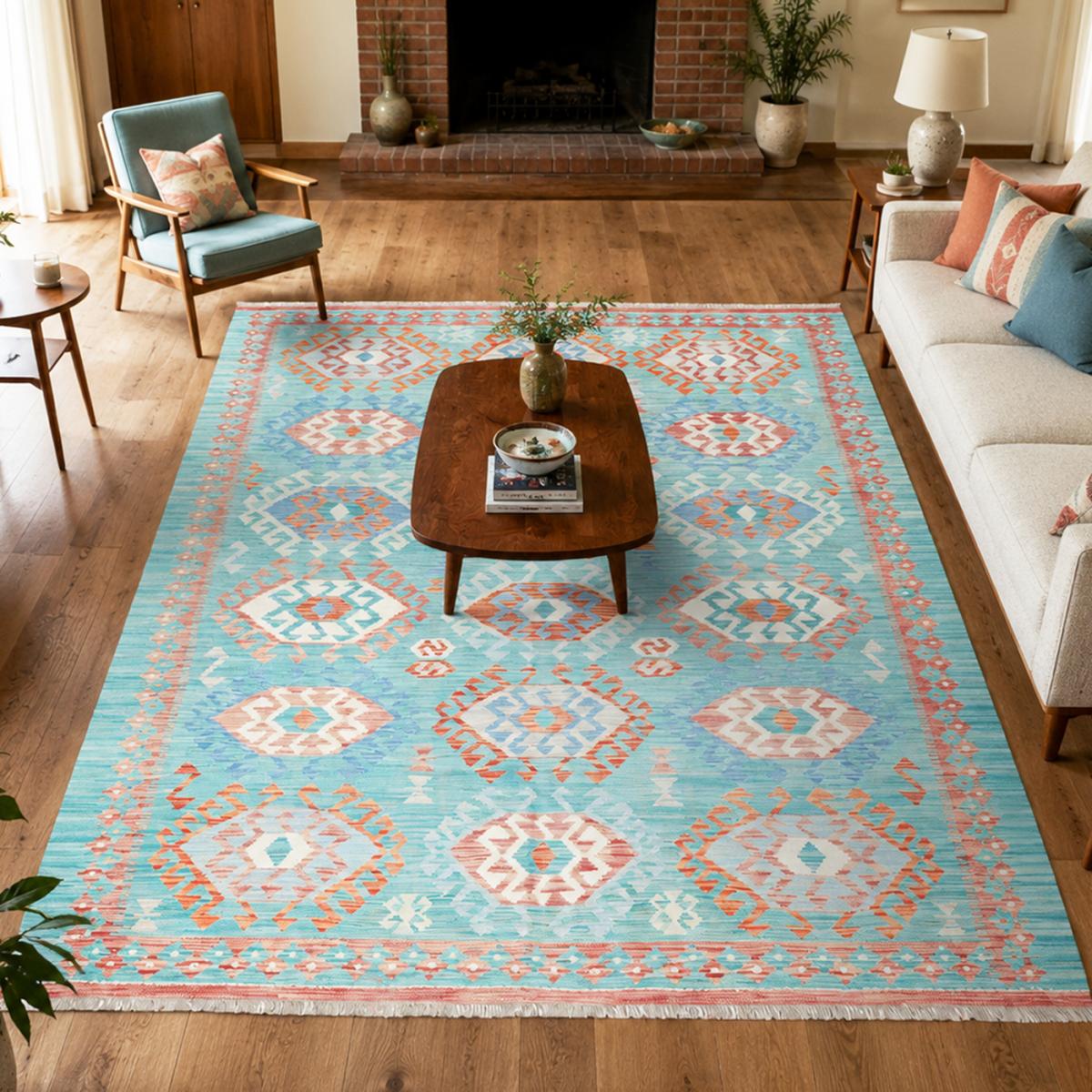Tapis kilim géométrique, tissé à plat, en laine naturelle bleu, blanc, orange, UN AMOUR DE TAPIS