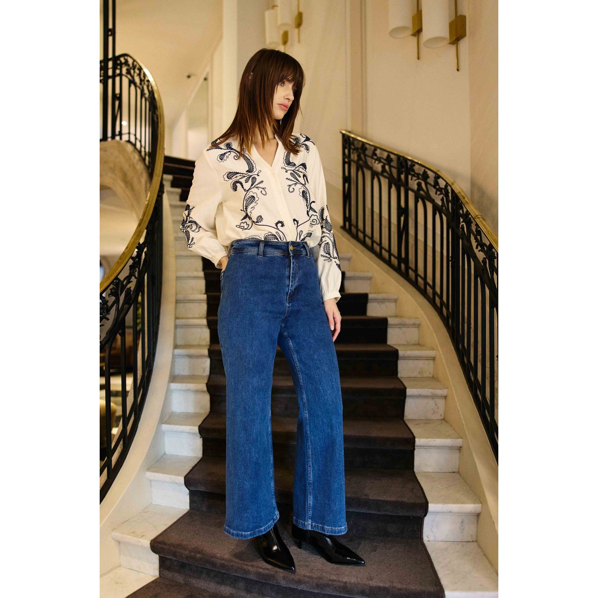 Blouse manches longues col v imprimé broderie BEYTA 11-ecru, LA PETITE ETOILE