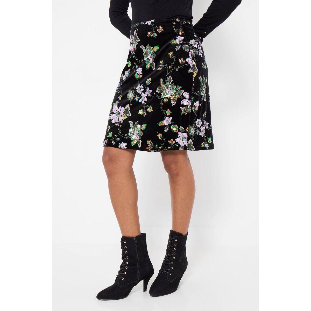 Jupe Courte en Velours Ornée de Fleurs multicolore, JOE BROWNS