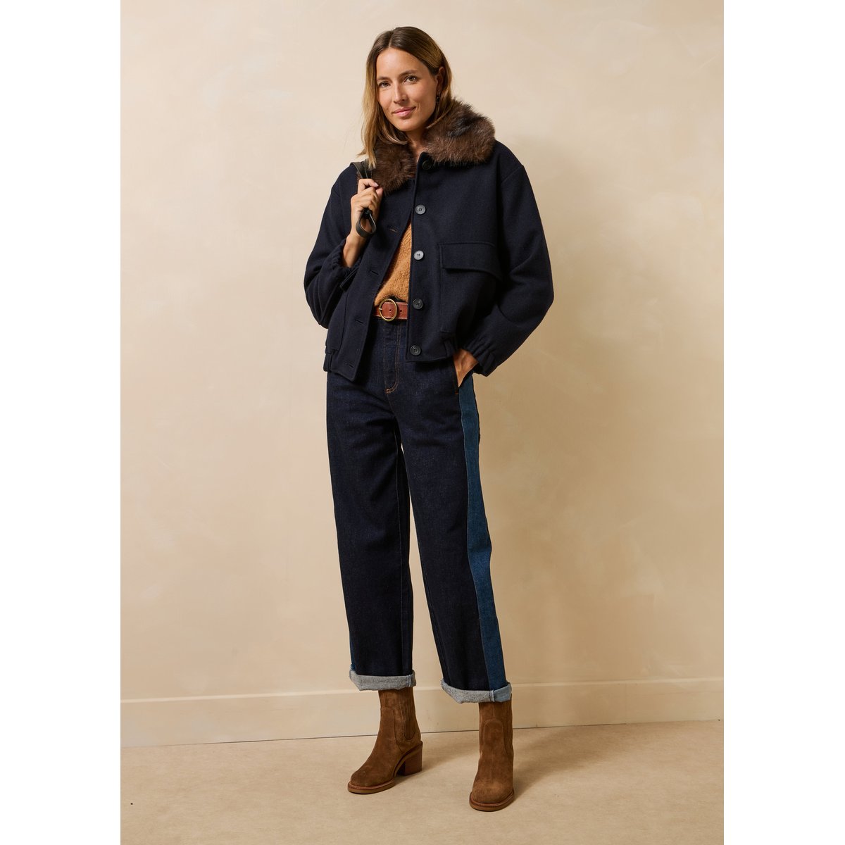Blouson bomber en lainage col imitation fourrure marine, LA FEE MARABOUTEE