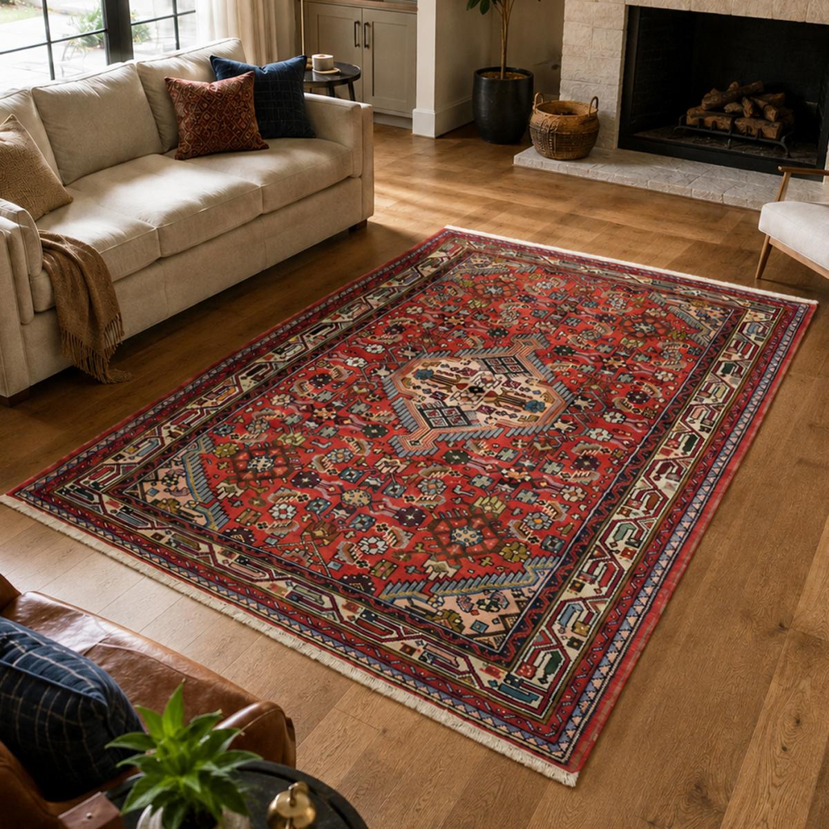 Tapis d'orient au motif oriental, noué main, HAMADAN 178 rouge, beige, bleu, UN AMOUR DE TAPIS