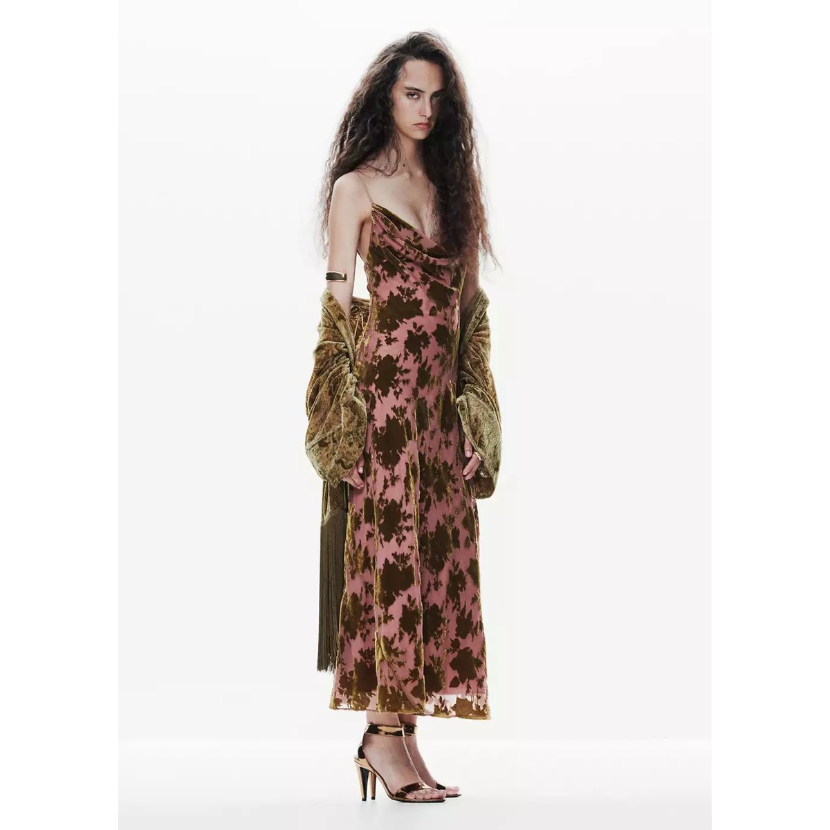 Robe dévoré à encolure drapée rose, MANGO