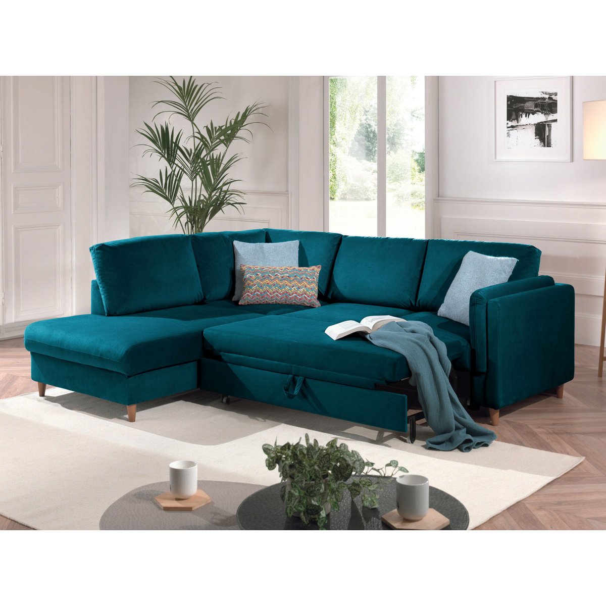 Canapé d'Angle Convertible 5 places - BROOKE bleu canard, BEST MOBILIER