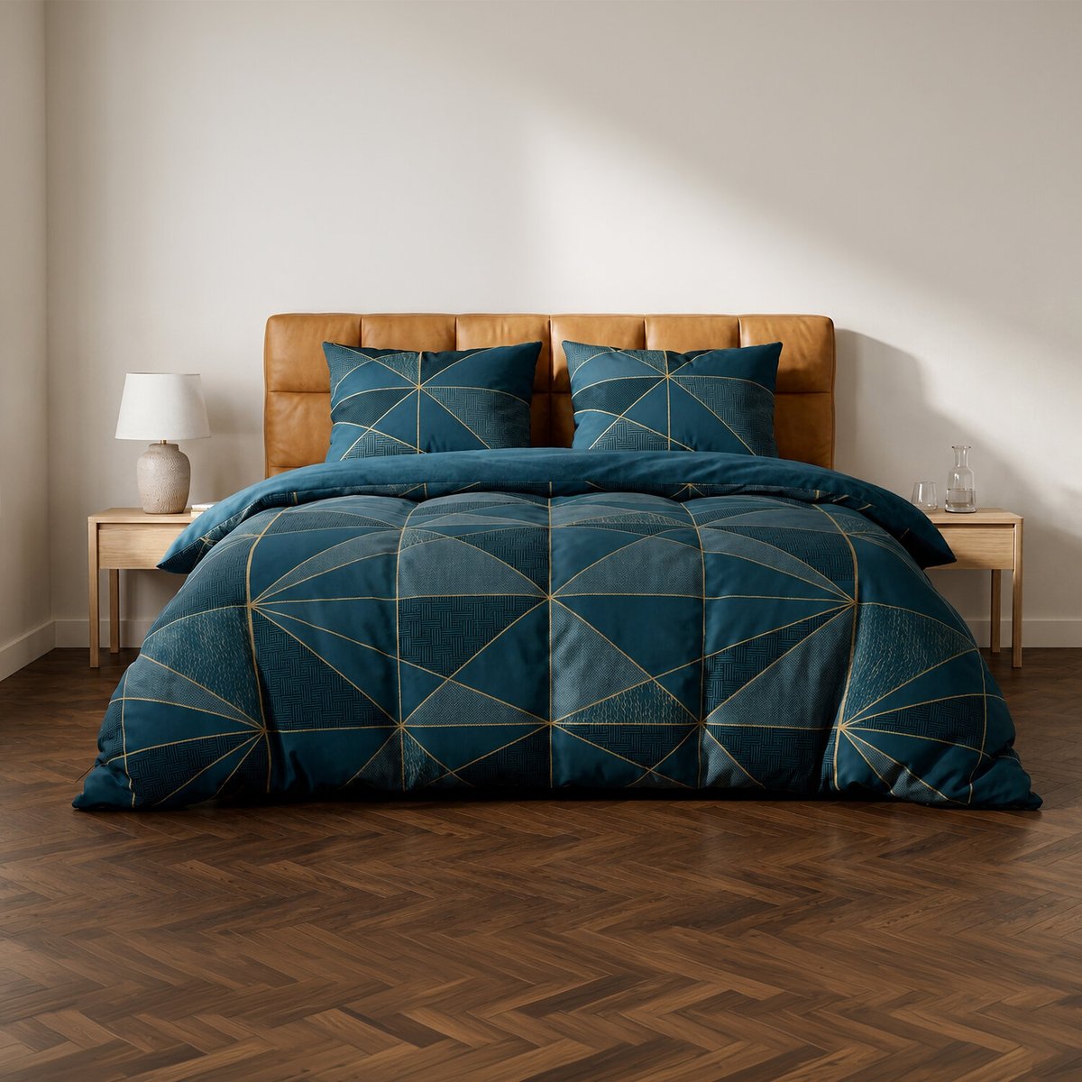 Parure imprimée avec housse de couette et taie(s) en coton, Reno bleu, ATELIER DU COTON