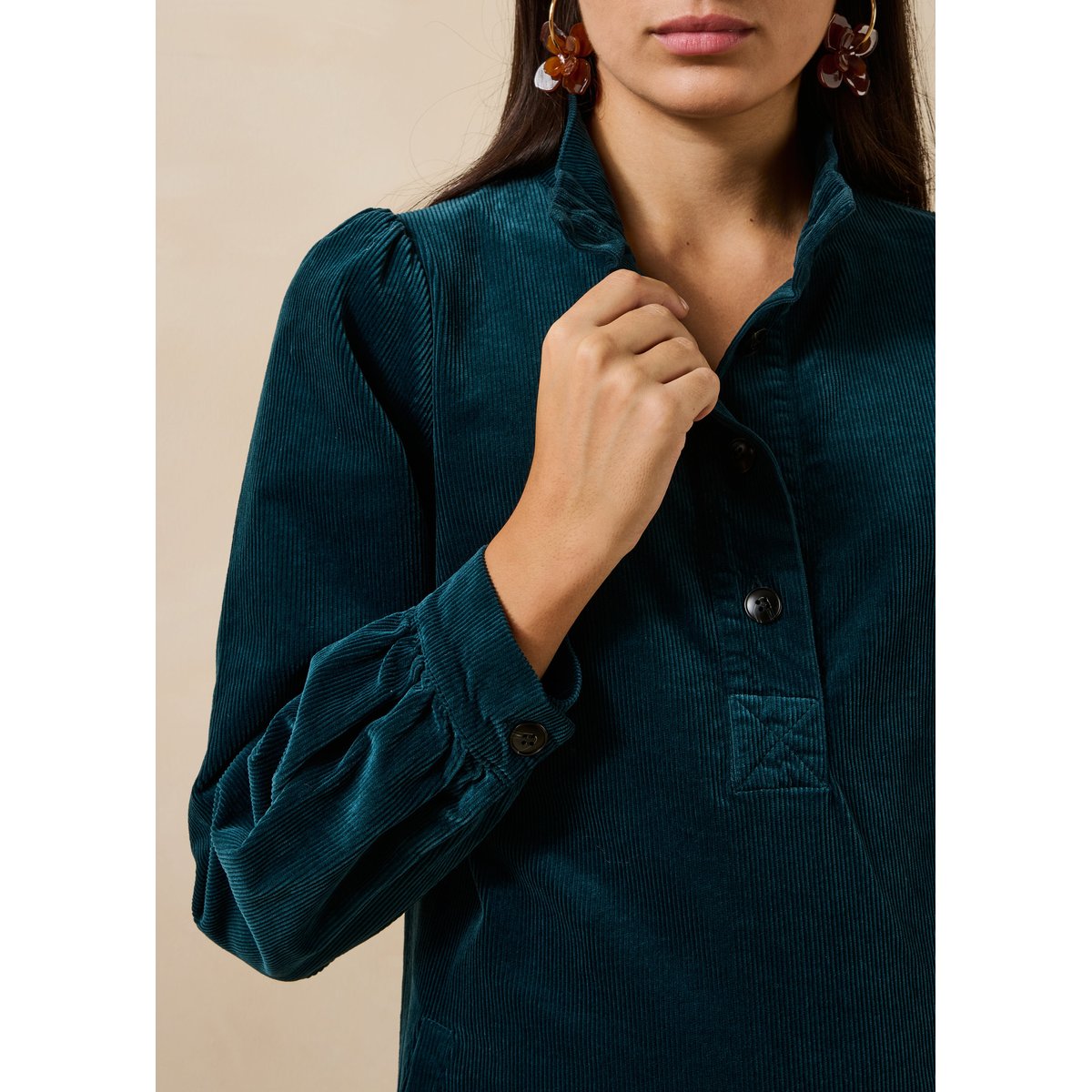 Robe manches longues col montant en velours côtelé petrole, LA FEE MARABOUTEE
