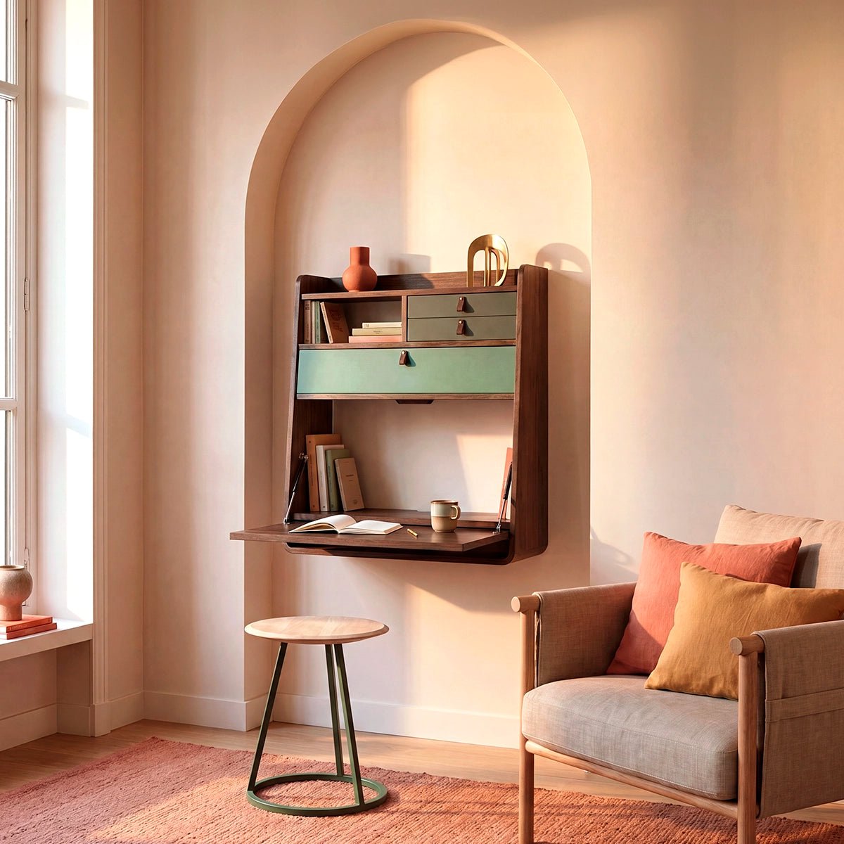 Bureau secrétaire mural en chêne teinté 60 cm, GASTON vert cendré, HARTO