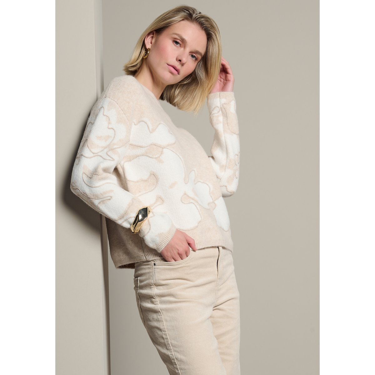 Pull jacquard floral lt beige, LOLALIZA