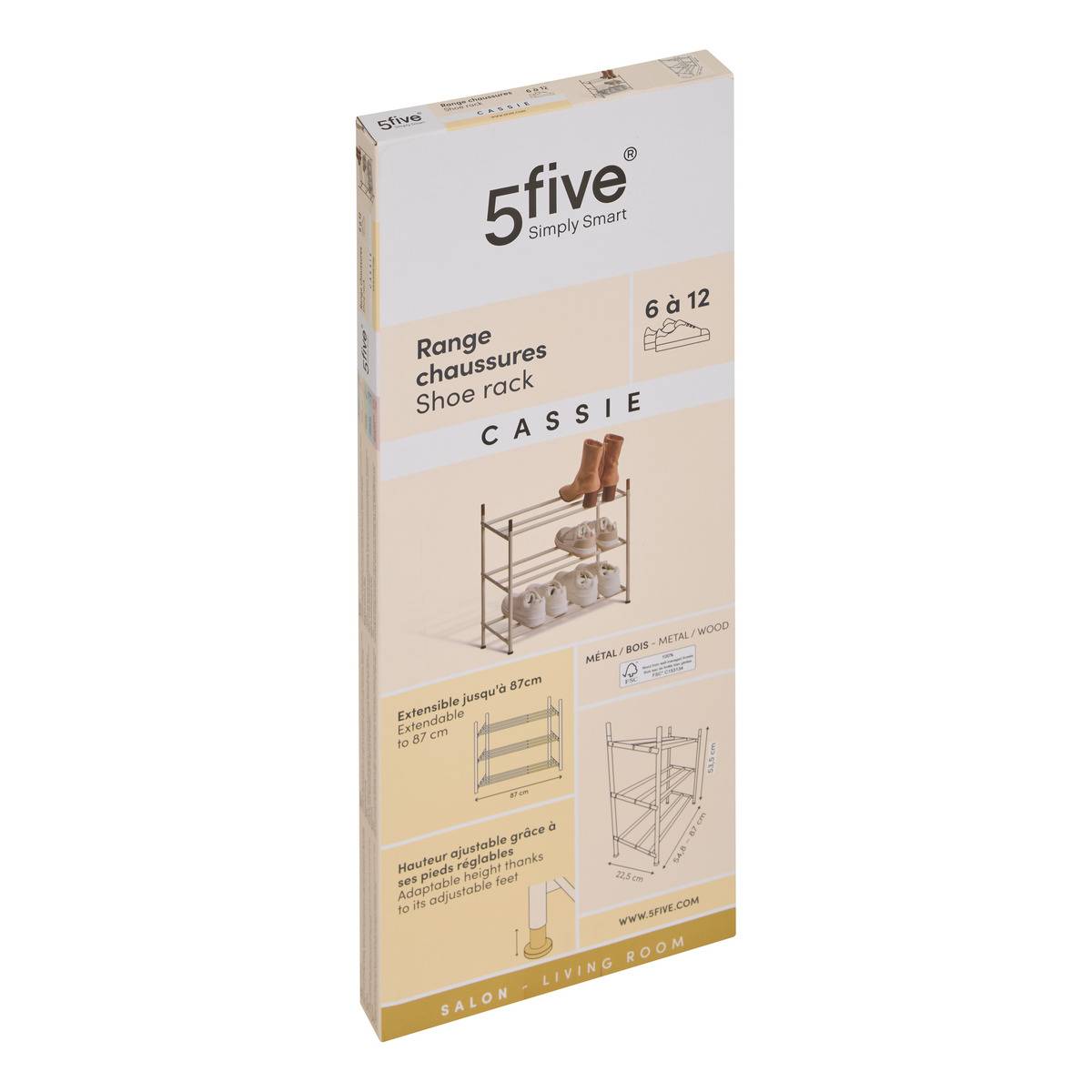 Range-chaussures extensible 3 étagères en acier et MDF CASSIE beige, 5FIVE SIMPLY SMART
