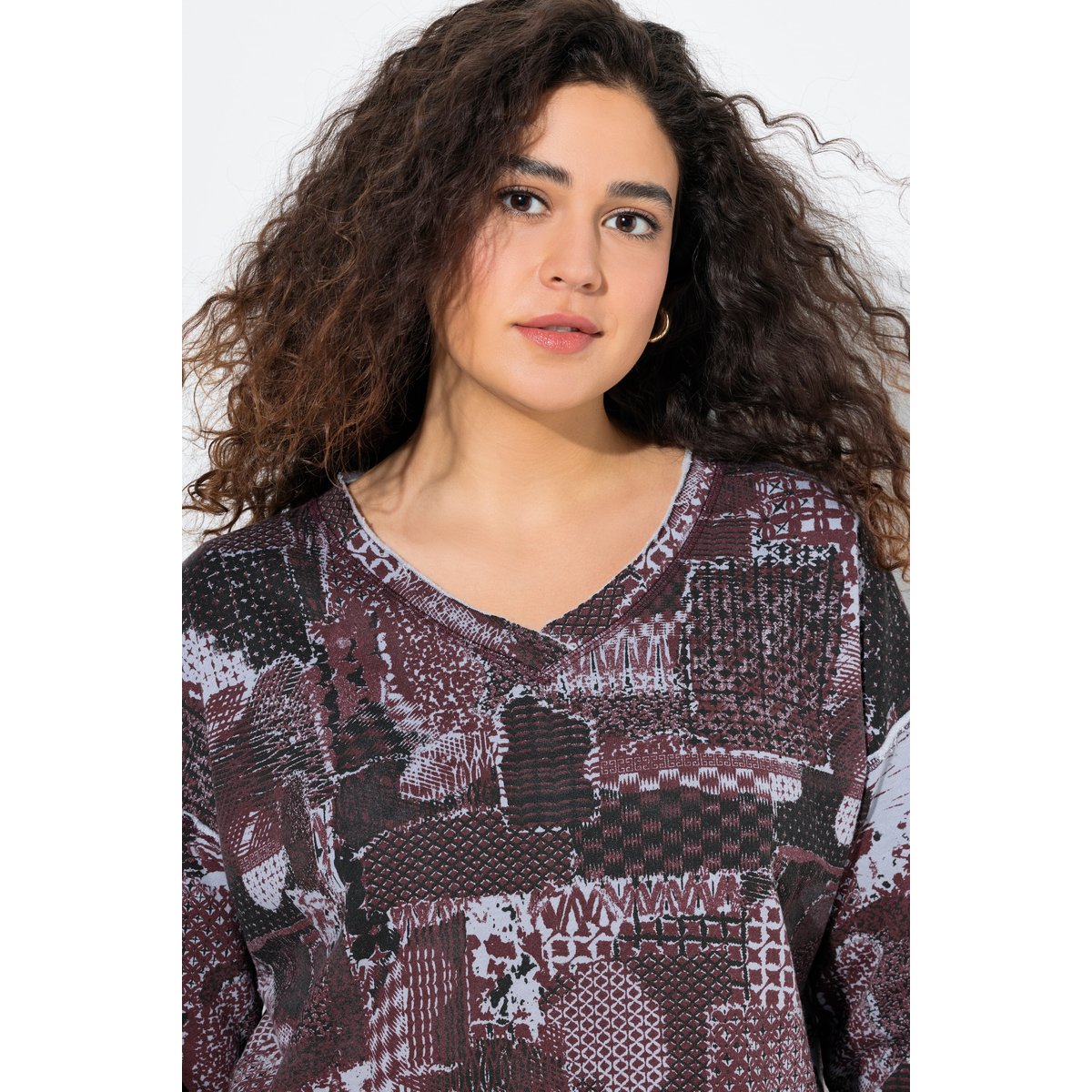 Sweat-shirt col en V et manches longues prune, ULLA POPKEN