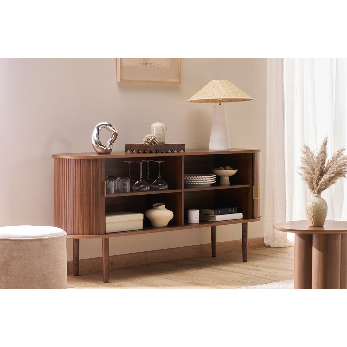Buffet vintage en bois 2 portes coulissantes L160 cm EPIC noyer, MILIBOO
