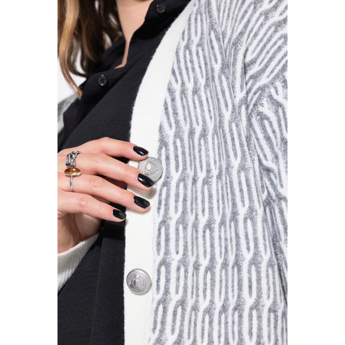 Cardigan oversize, maille torsadée gris chiné, STUDIO UNTOLD