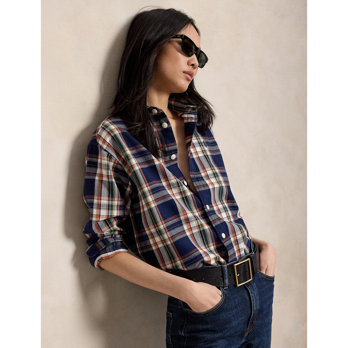 Camisa xadrez com mangas compridas quadrados marinho, POLO RALPH LAUREN