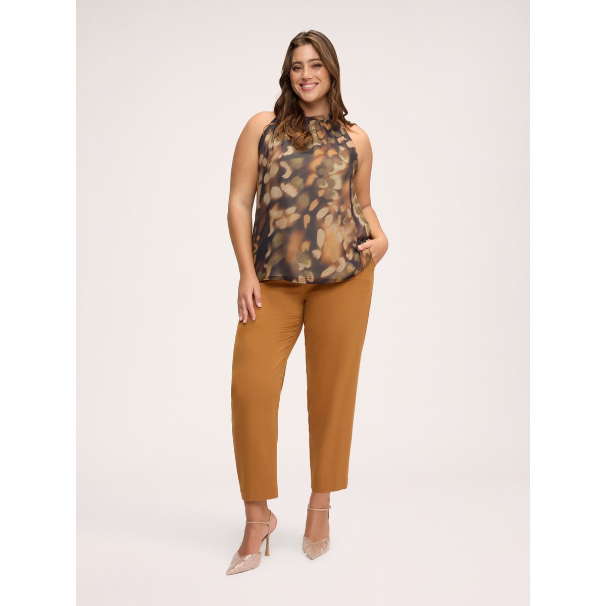 Blouse à imprimé all over avec col mao marron, FIORELLA RUBINO