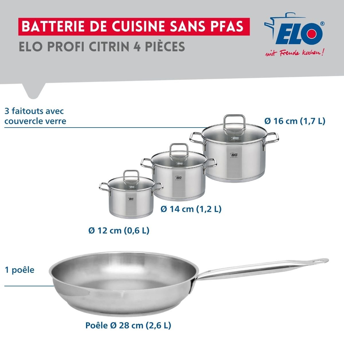 Batterie 1 poêle 28cm + 3 faitouts 12/14/16cm PROFI CITRIN inox, ELO