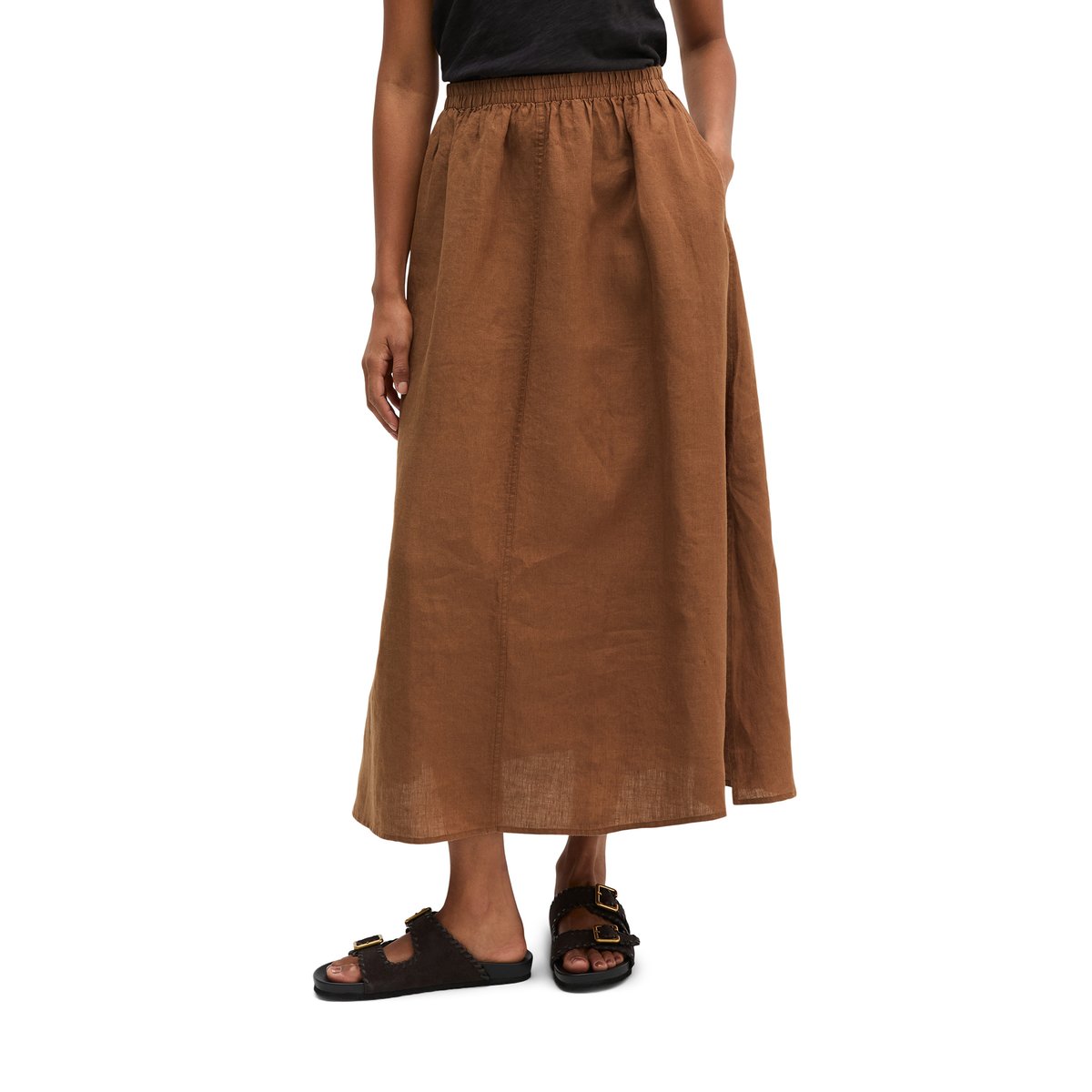 Jupe longue en lin A-Shape avec ceinture élastique marron, MARC O'POLO