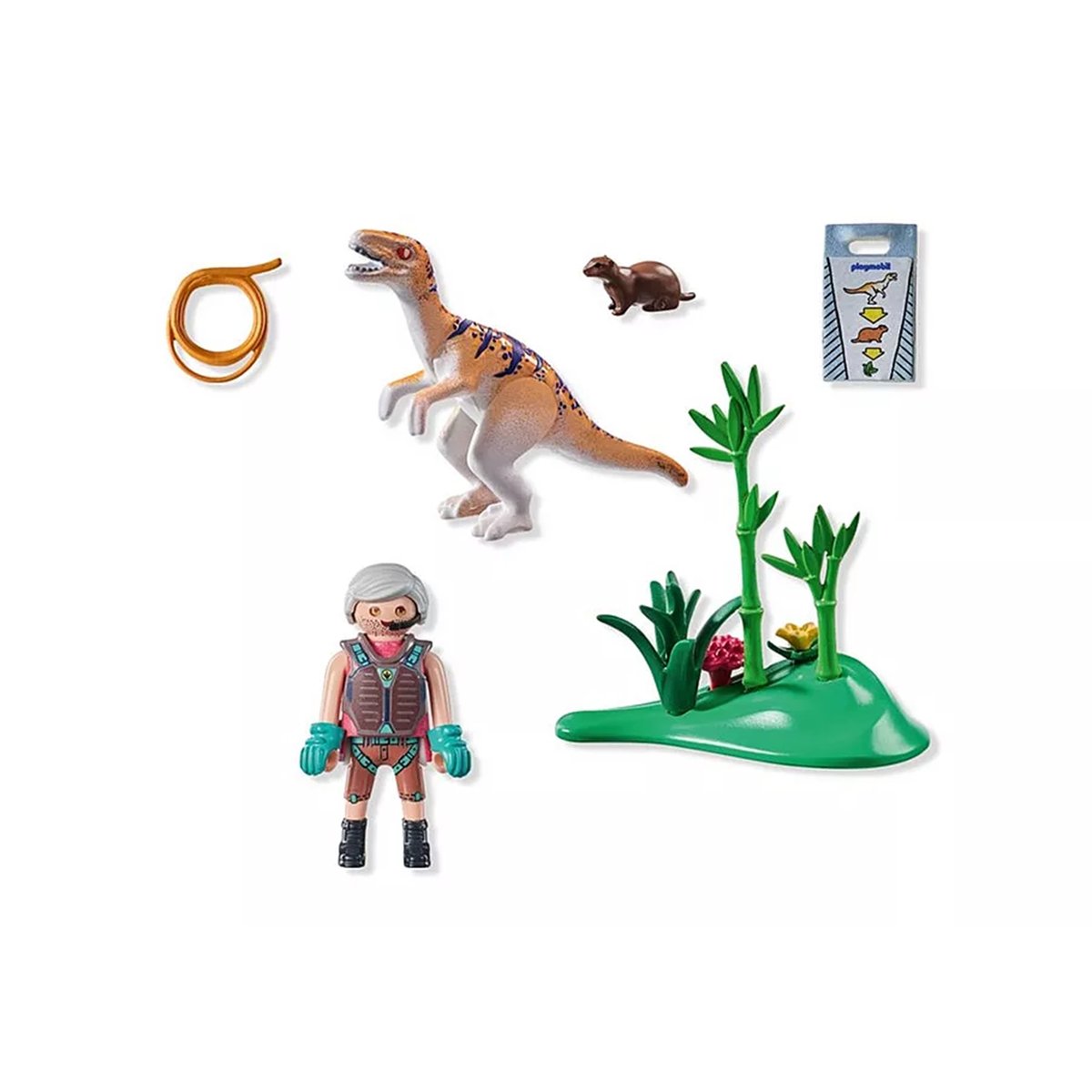 Vélociraptor, explorateur avec lasso et marmotte multicolore, PLAYMOBIL