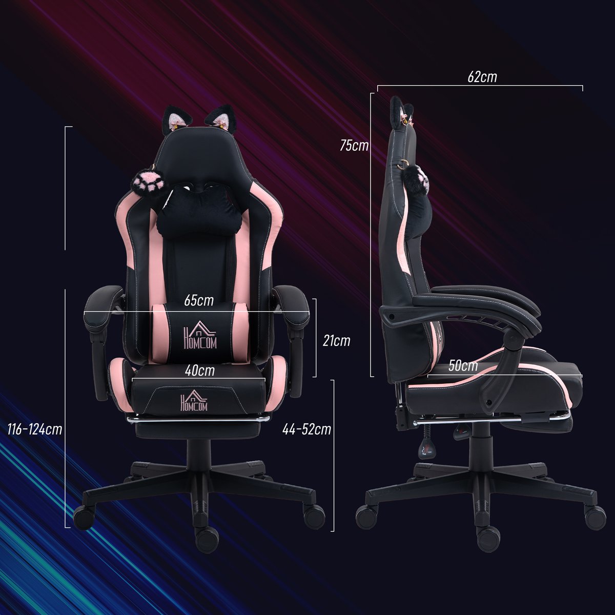Fauteuil de gaming Plastique Noir noir et rose, HOMCOM
