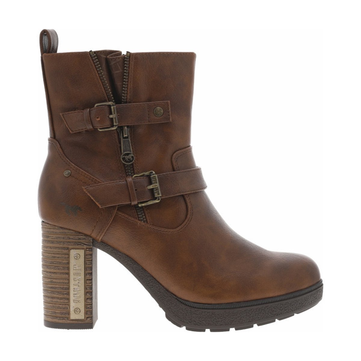 Boots brunes à talon décroché haut avec un zip et soufflet et boucles décoratifs brunes, MUSTANG