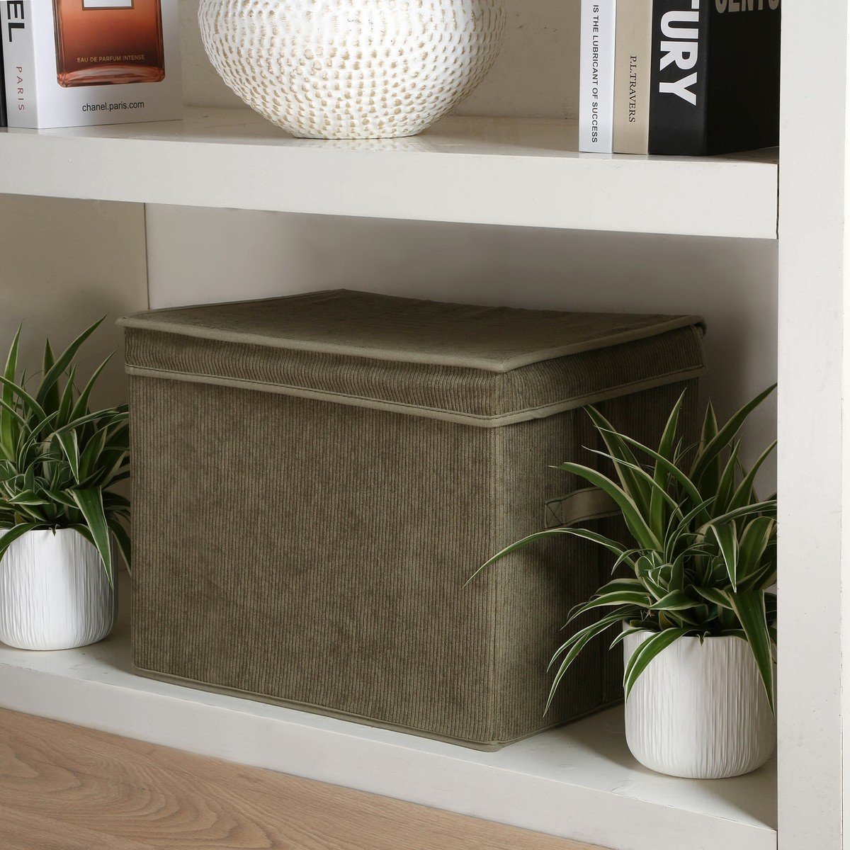 Boîte rangement haute avec couvercle tissu velours côtelé kaki - H30 cm vert kaki, CALICOSY