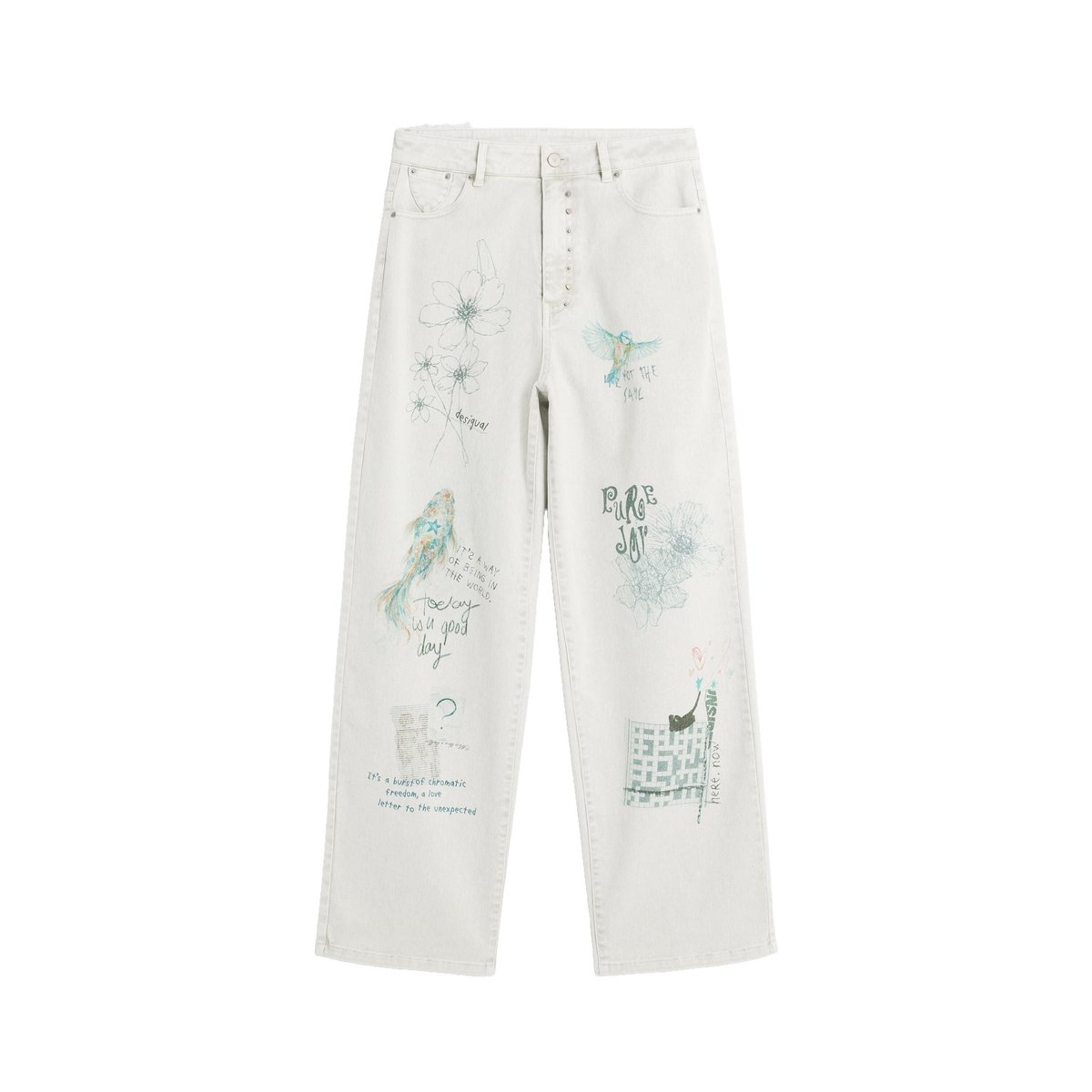 Pantalon en jean ballon imprimé beige, DESIGUAL