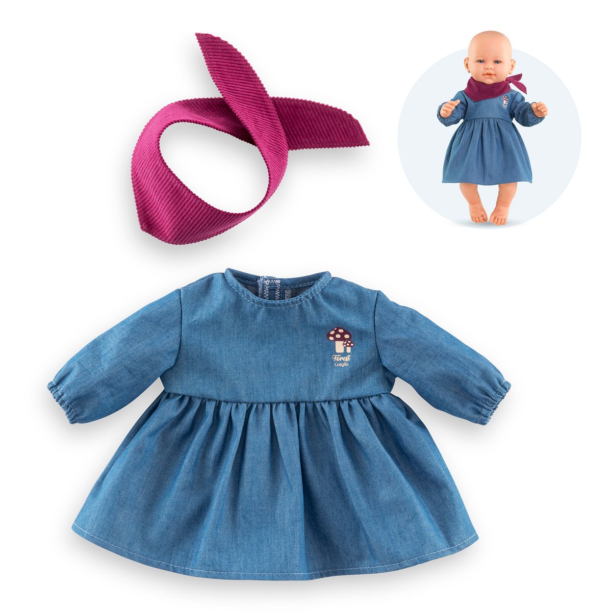 Robe en Jean Manches Longues & Foulard Petit Explorateur pour poupon 42 cm couleur unique, COROLLE