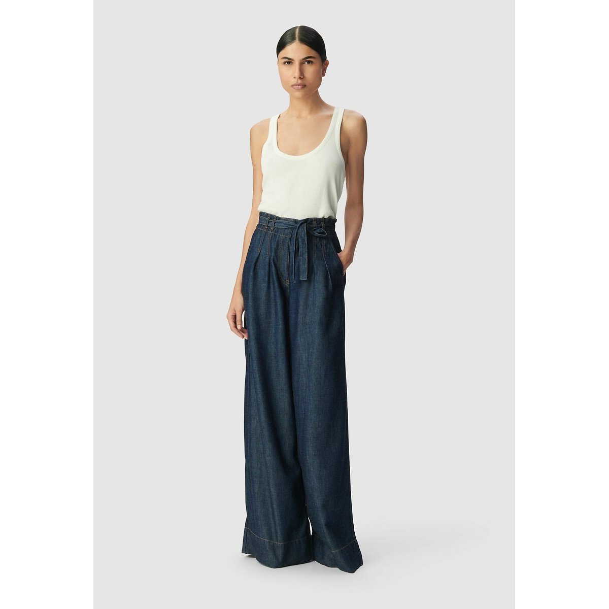 Jean large taille haute ceinturé denim, IKKS