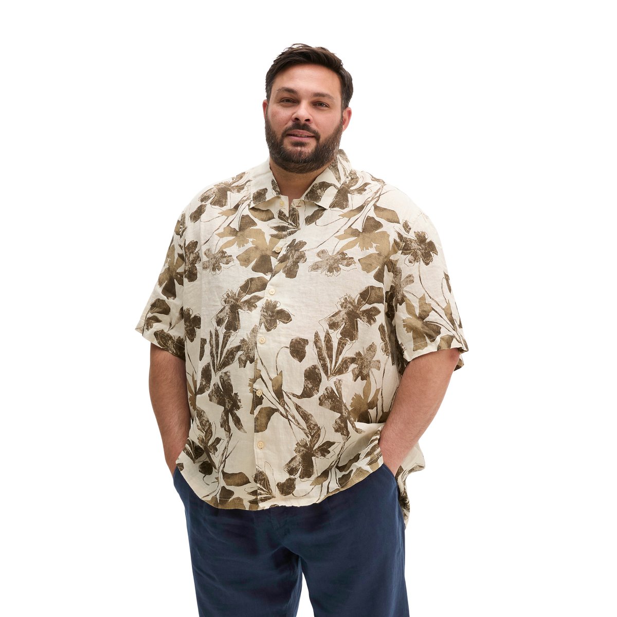 Chemise en lin à manches courtes regular avec imprimé allover vert, MARC O'POLO
