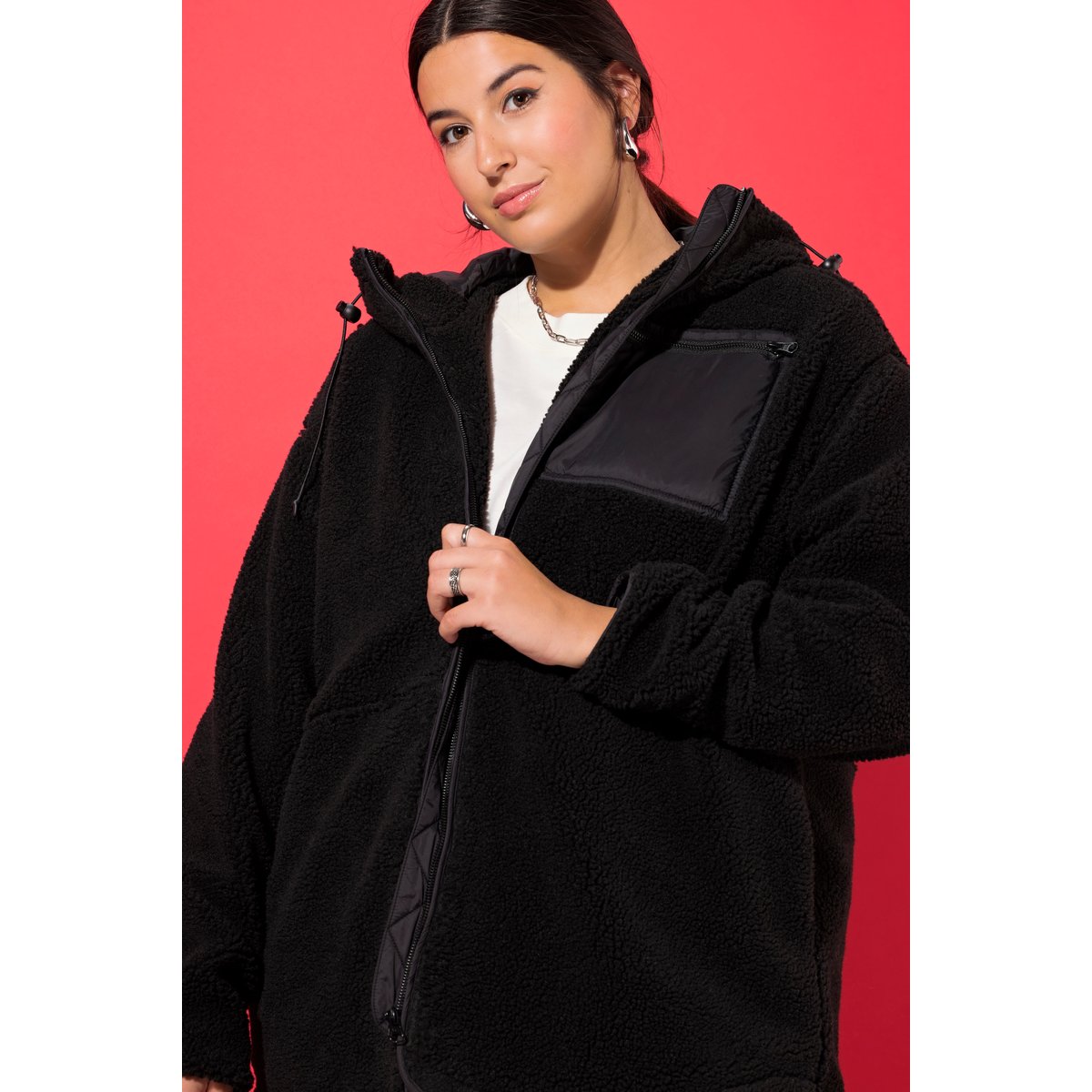 Veste en polaire bouclée, oversized, capuche noir, STUDIO UNTOLD