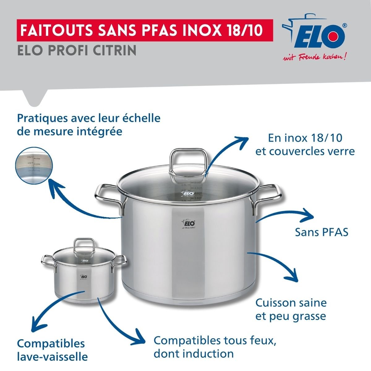 Batterie 2 poêles 24/28cm + 2 faitouts 12/26cm PROFI CITRIN gris, ELO