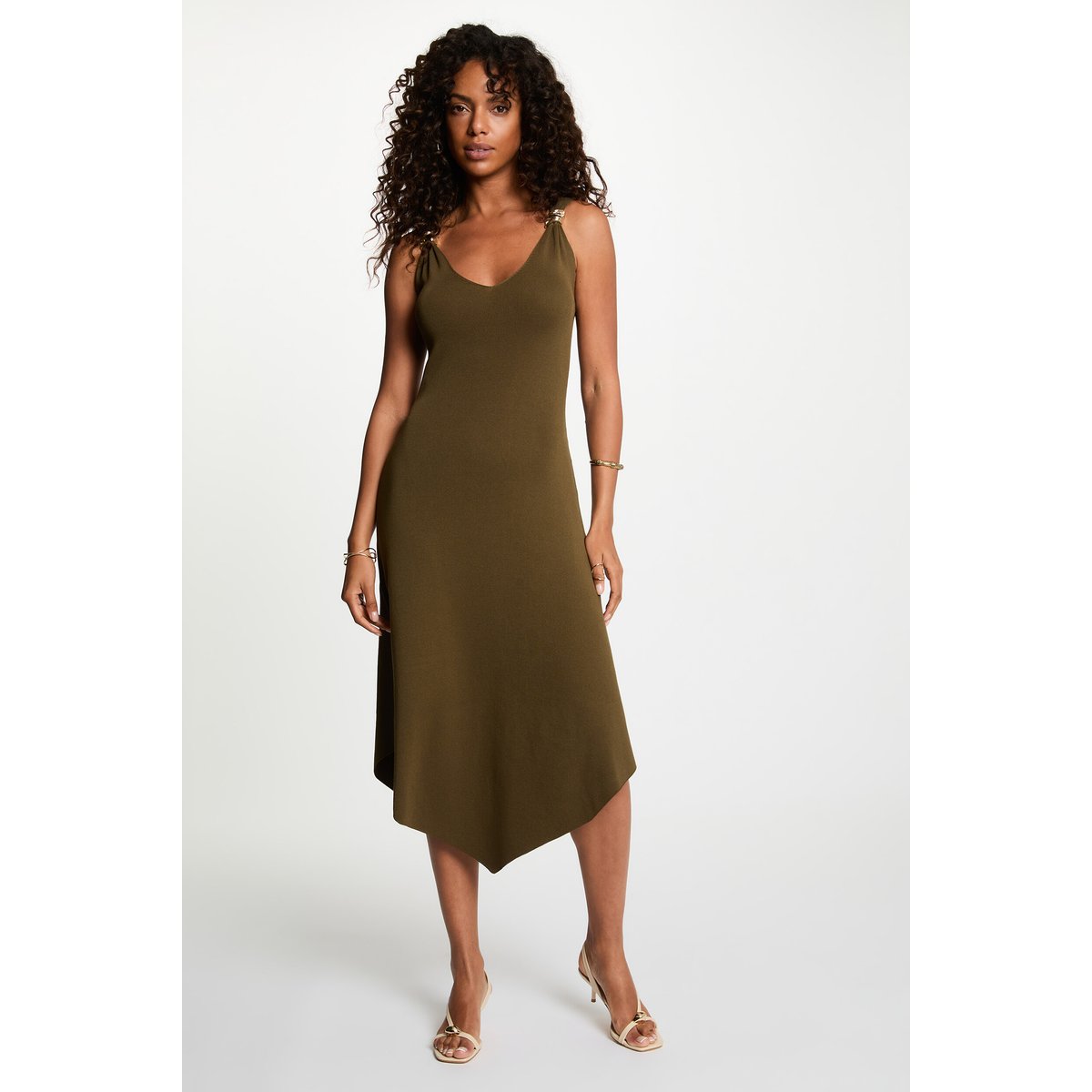 Robe tricot col v vert kaki, MORGAN