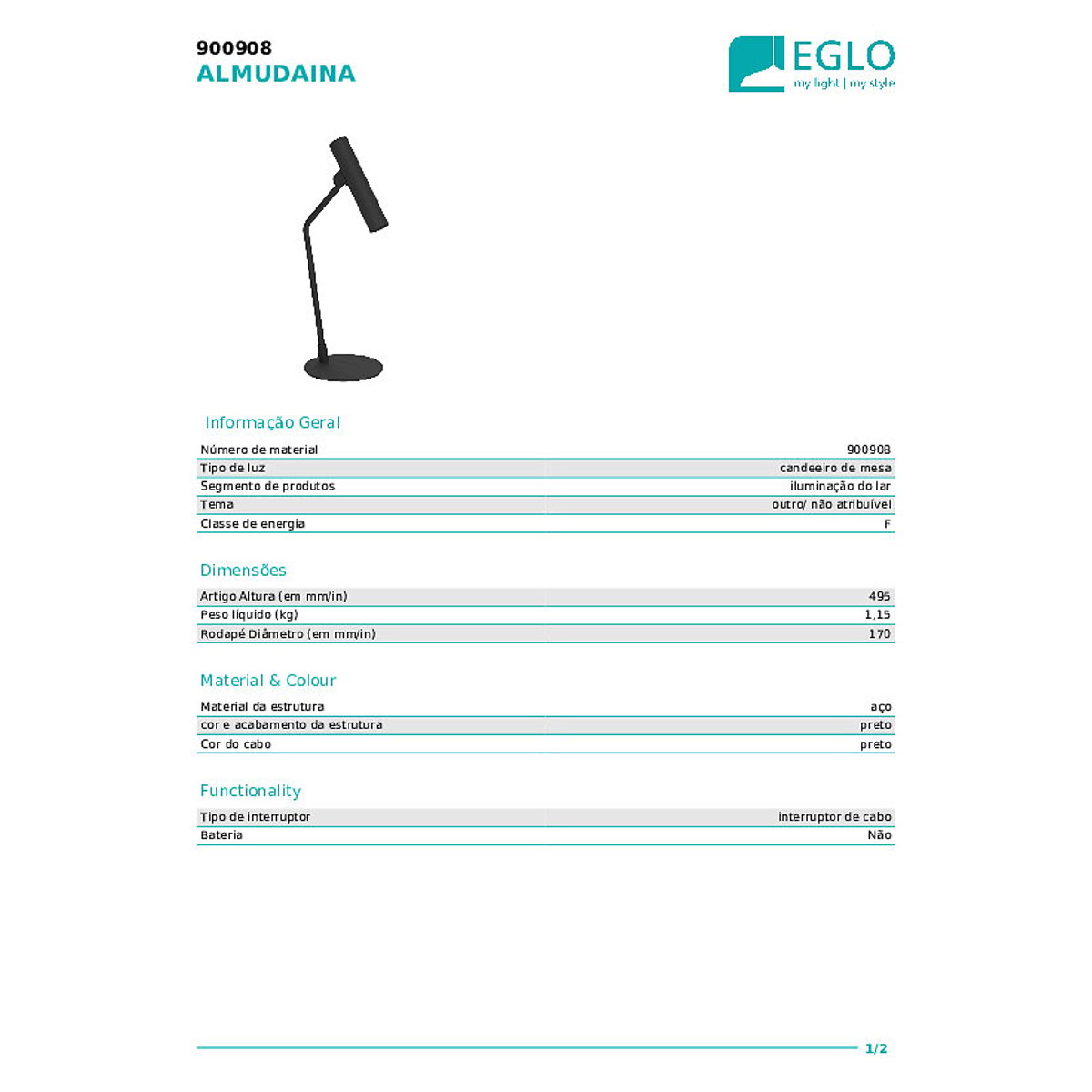 Candeeiro de mesa Almudaina, EGLO preto , EGLO