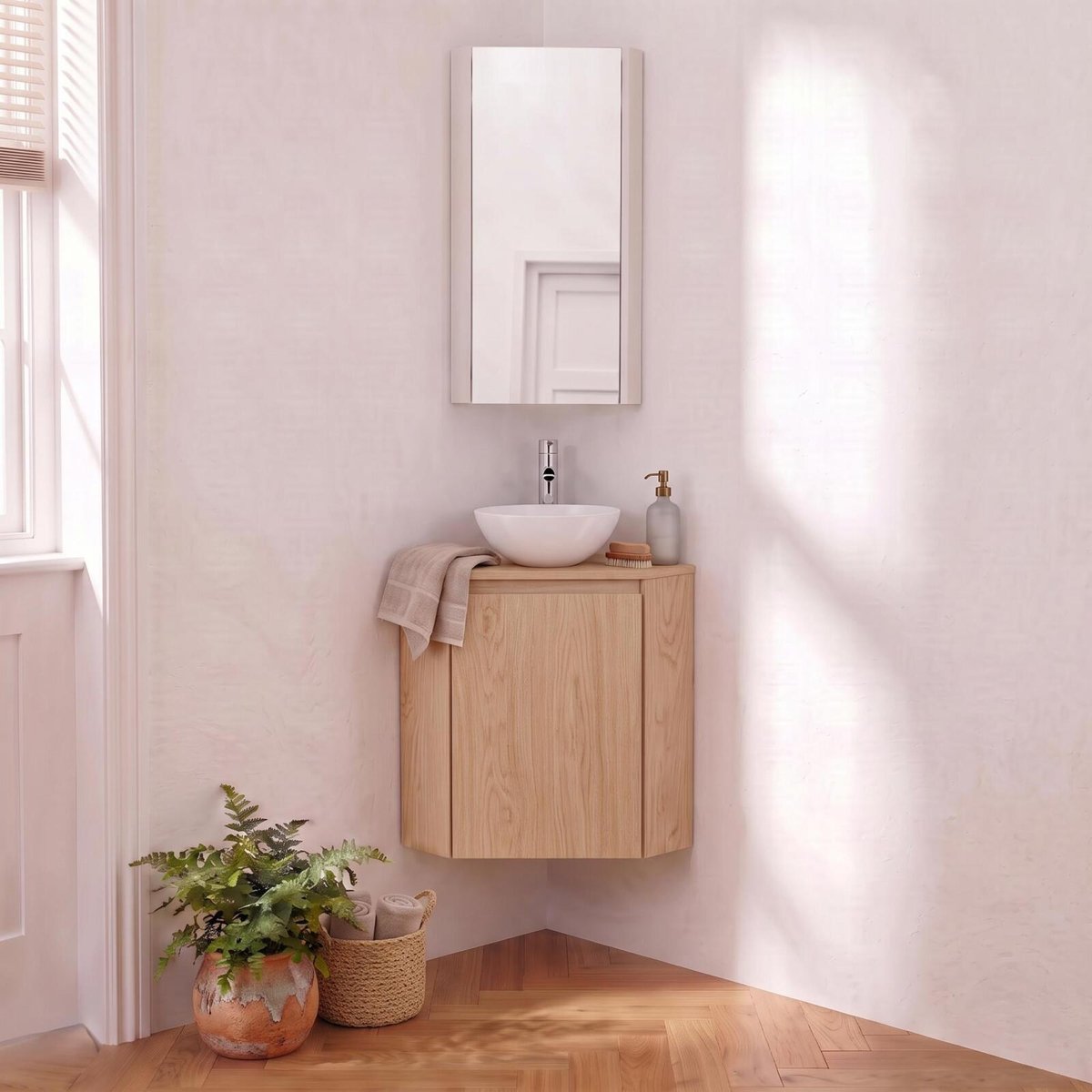 Ensemble lave-mains d'angle avec vasque et robinet SORRENTO décor chêne, MOB IN
