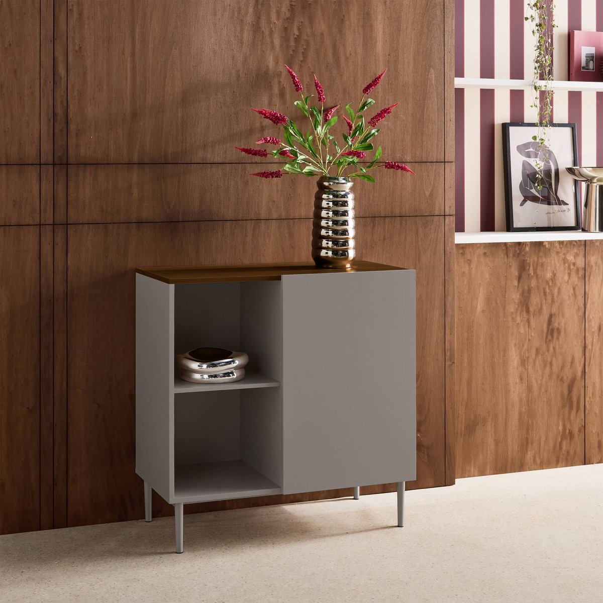 Buffet, meuble de rangement décor bois piétement métal 1 porte 80cm ASHTON gris, SWEEEK