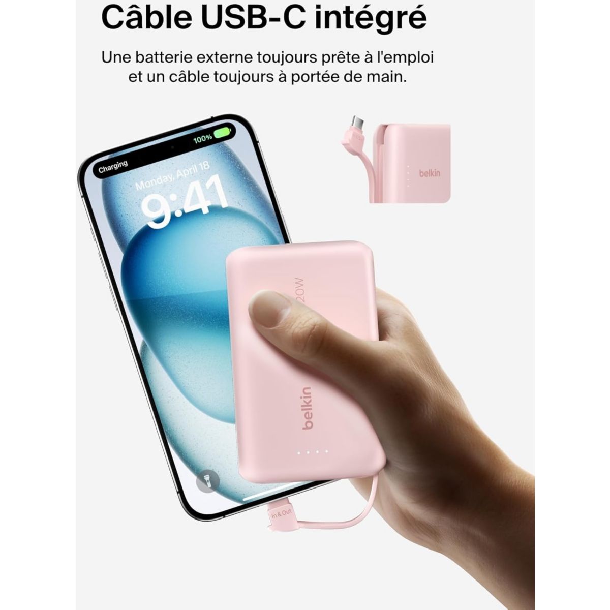 Batterie externe 10000 mAh avec cable USB-C intégre pink couleur unique, BELKIN