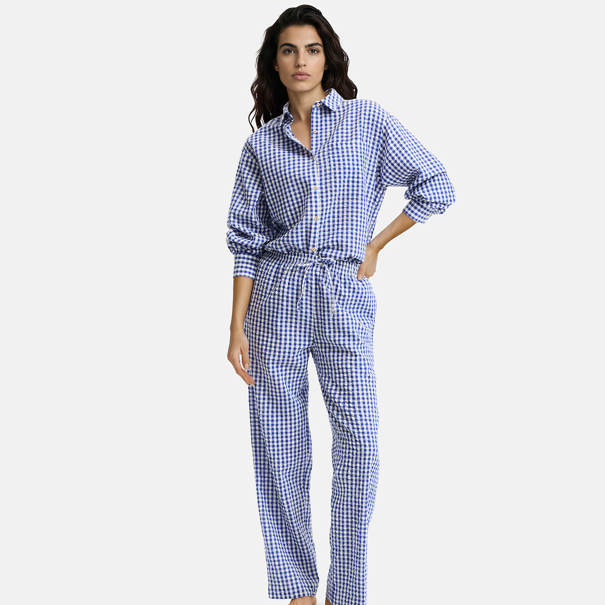 Pijama de tela mil rayas, estampado vichy en tela teñida, Signature AIMEE azul grisáceo, LA REDOUTE COLLECTIONS