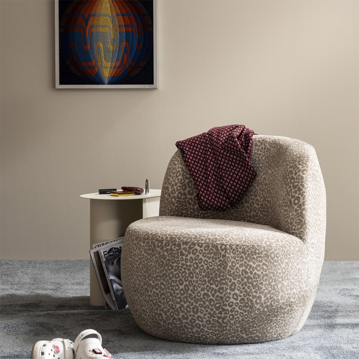 Fauteuil rond en tissu imprimé léopard- MO beige, DRAWER