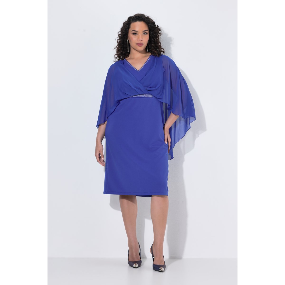 Robe midi décolleté en V et manches 3/4 bleu capri, ULLA POPKEN