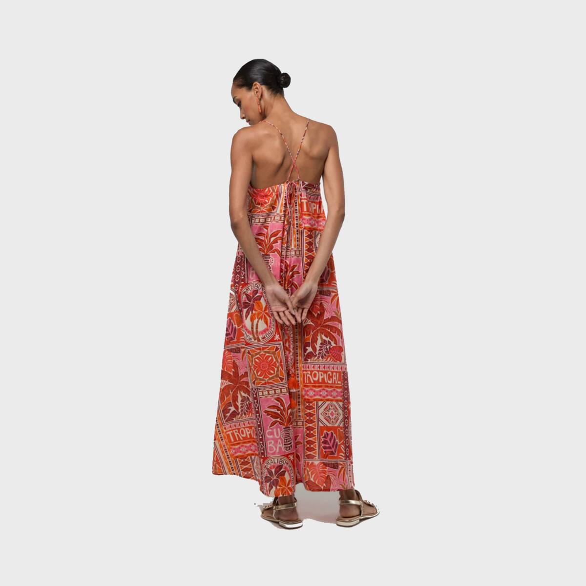 Robe longue imprimée à fines bretelles et coupe fluide corail, LOLA CASADEMUNT