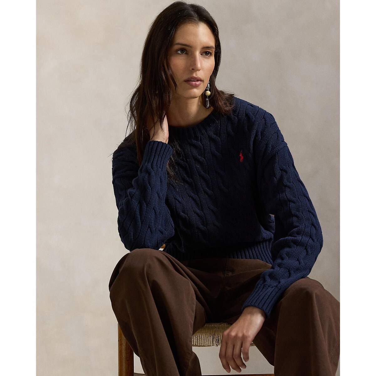 Cable Knit Crew Neck Long Sleeve Loose Fit Jumper navy, POLO RALPH LAUREN