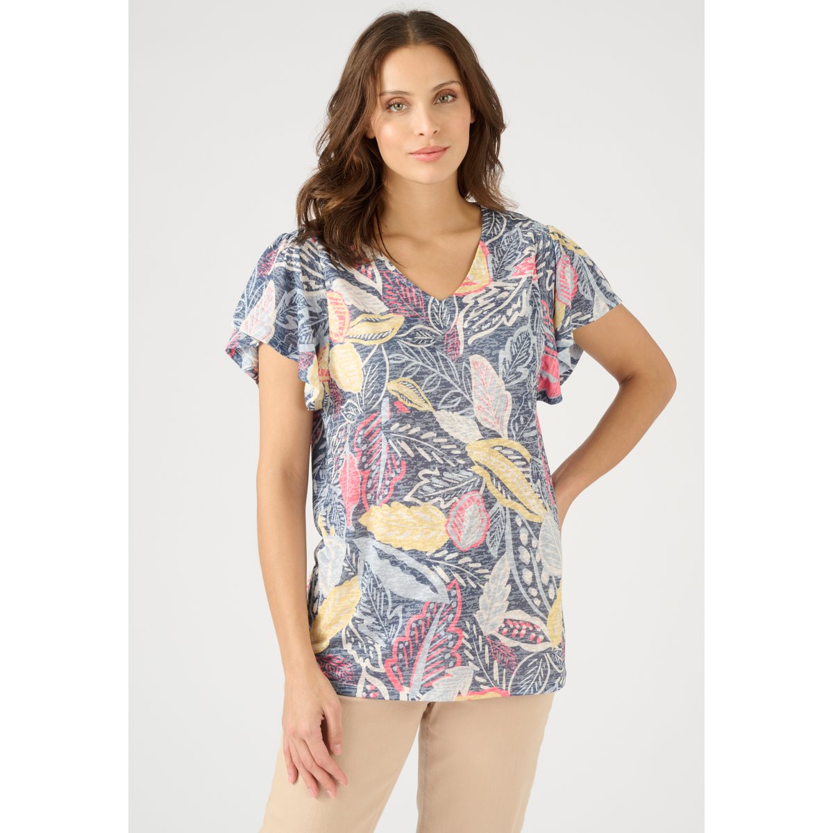 Tee-shirt manches papillon bleu marine feuillage, DAMART