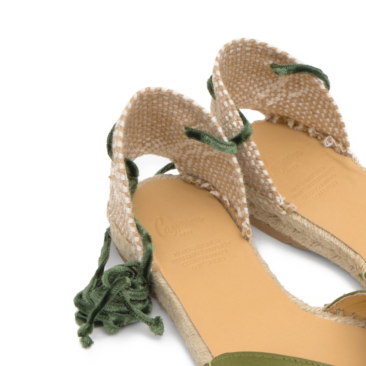 Espadrilles plates en satin à lacets en velours BRAVA PLATFORM vert olive, CASTANER