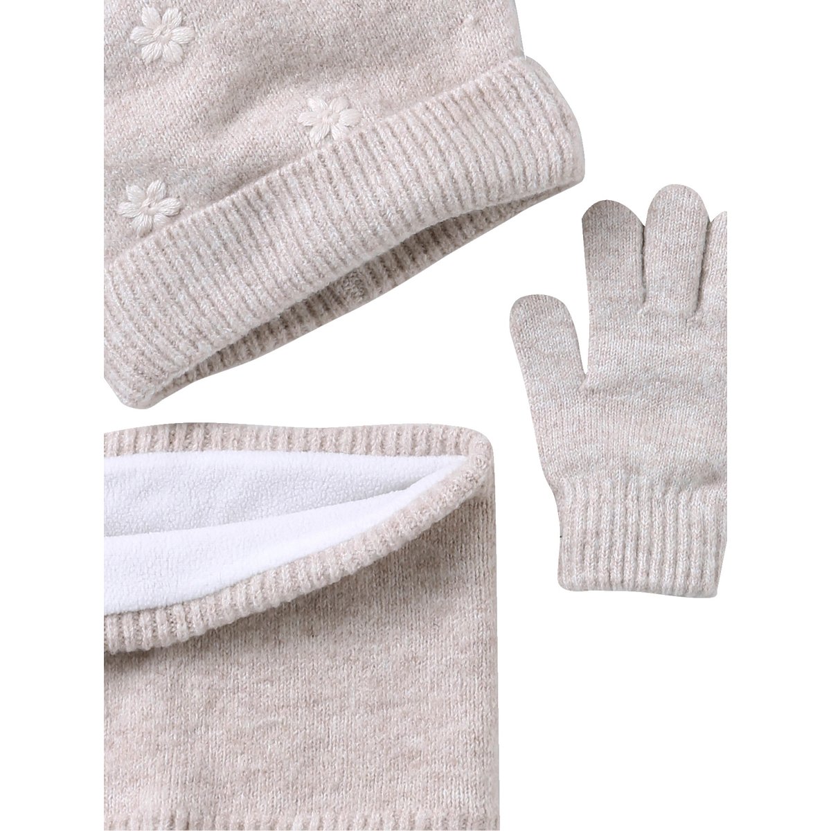 Ensemble tricot bonnet, snood et gants sable, VERTBAUDET